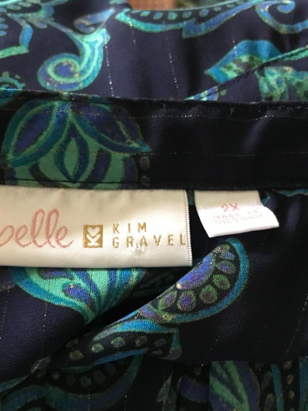 BELLE Kim Gravel size 2X Blue & Green Metallic Bohemian Paisley Print Tunic Top - Picture 4 of 4